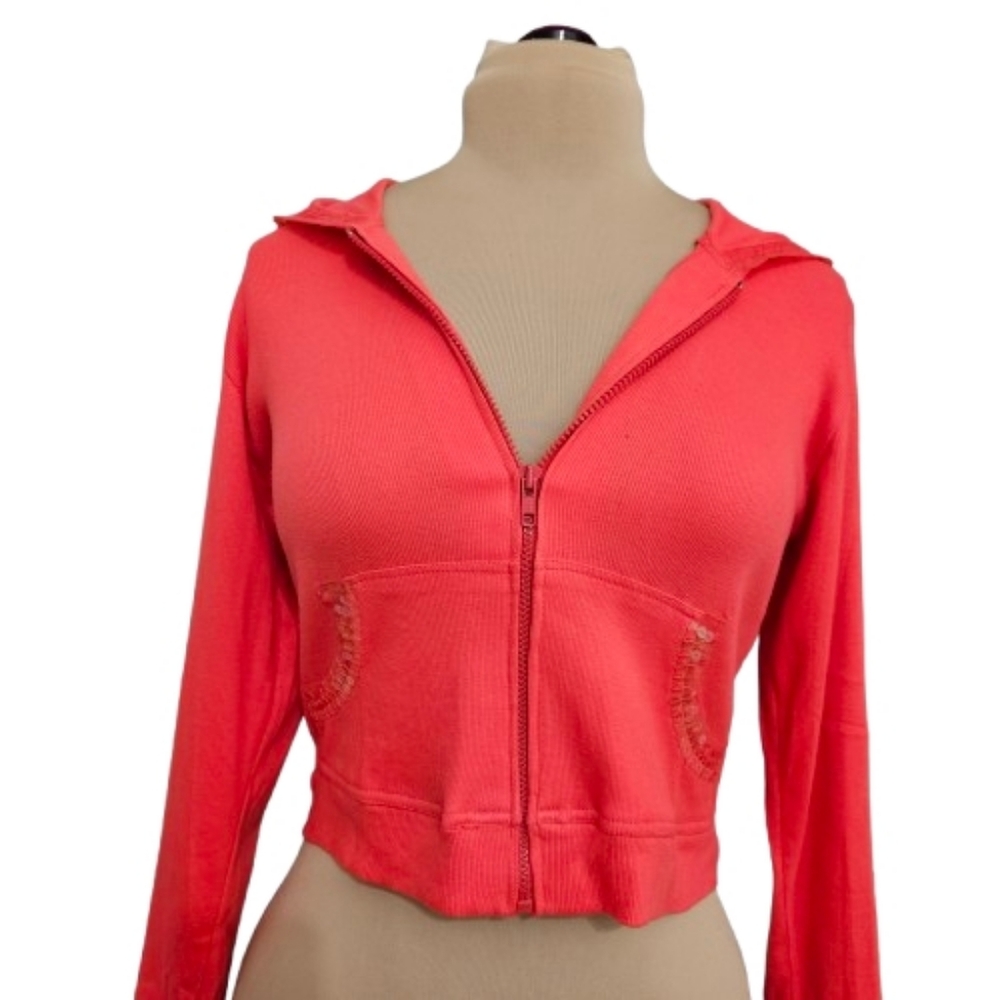 Haven Bleu Coral Zip Front Hoodie Medium Sequined Mesh Jacket Cropped Fit